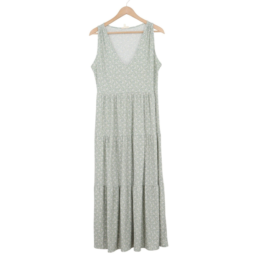 See You Monday Sage Green Floral Ribbed V-Neck Tiered Maxi Dress Womens Large