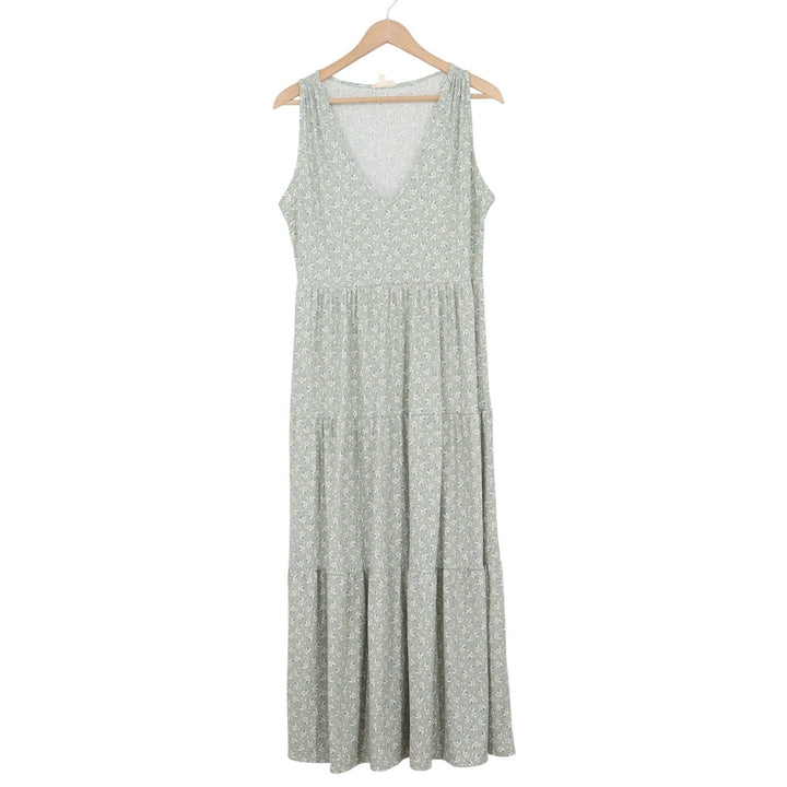 See You Monday Sage Green Floral Ribbed V-Neck Tiered Maxi Dress Womens Large