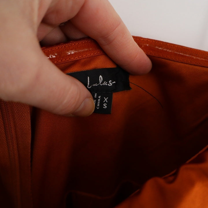 Lulus Memorable Entrance Maxi Dress Womens XS Rust Orange Satin Strapless Fitted