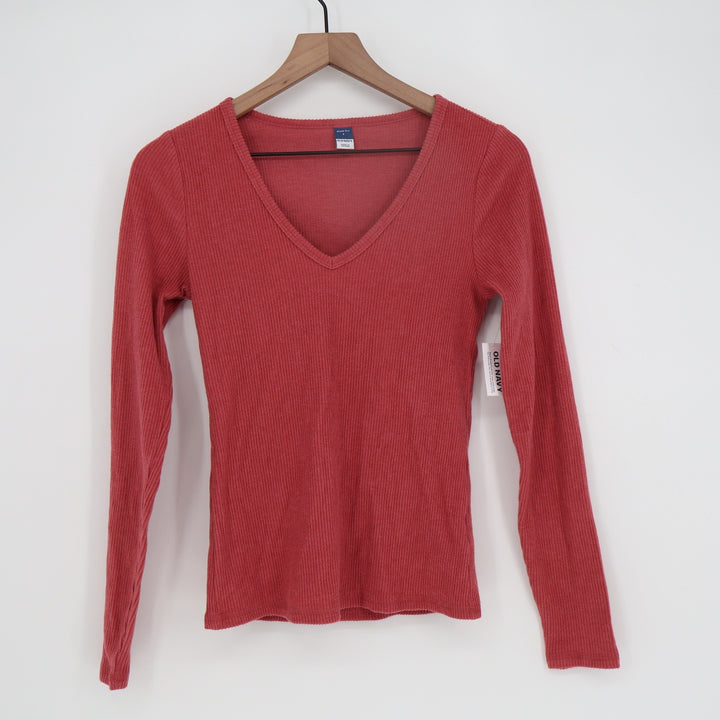Old Navy Plush Tee Ribbed V-Neck Long Sleeve Top Red Pink Small