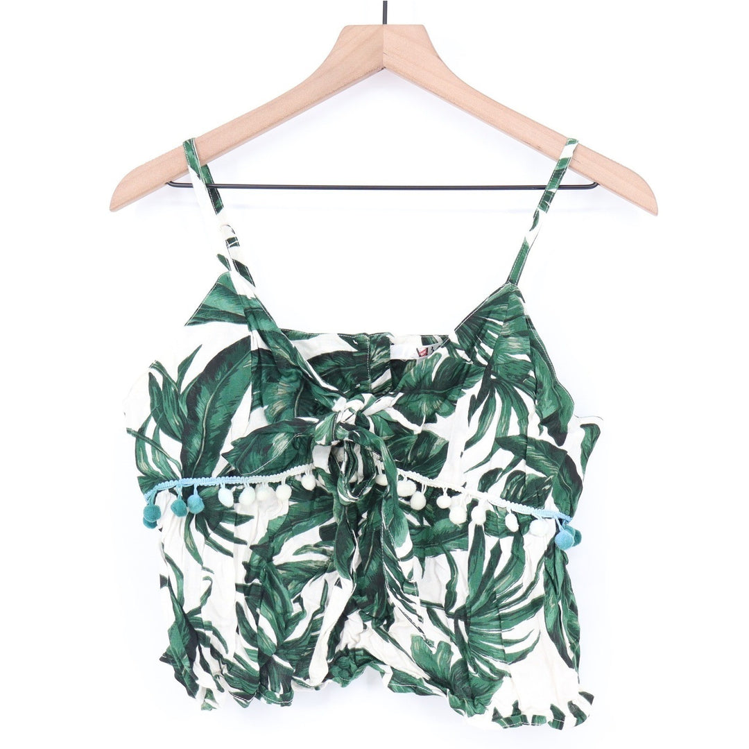 America & Beyond Tropical Palm Leaf Pom-Pom Camisole Top Green White Small