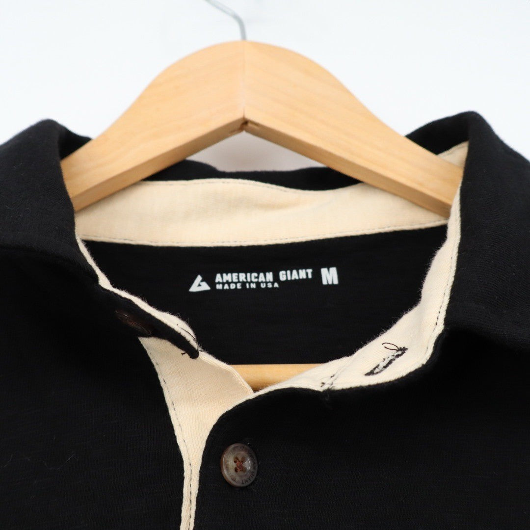 American Giant Mens Black Long Sleeve Polo Shirt Made in USA Size M