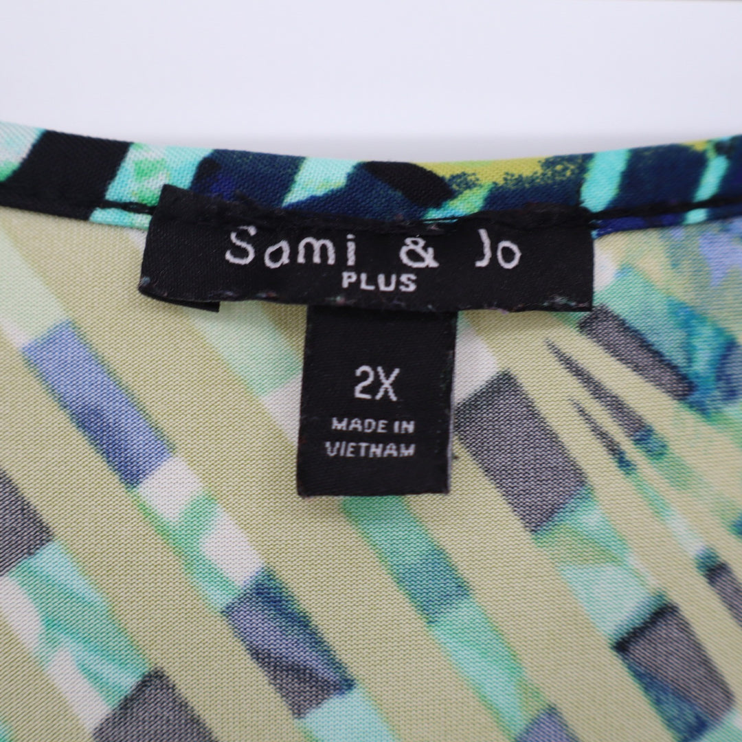 Sami & Jo Dress Womens 2X Maxi Geometric Palm Blue Green Sleeveless Excellent