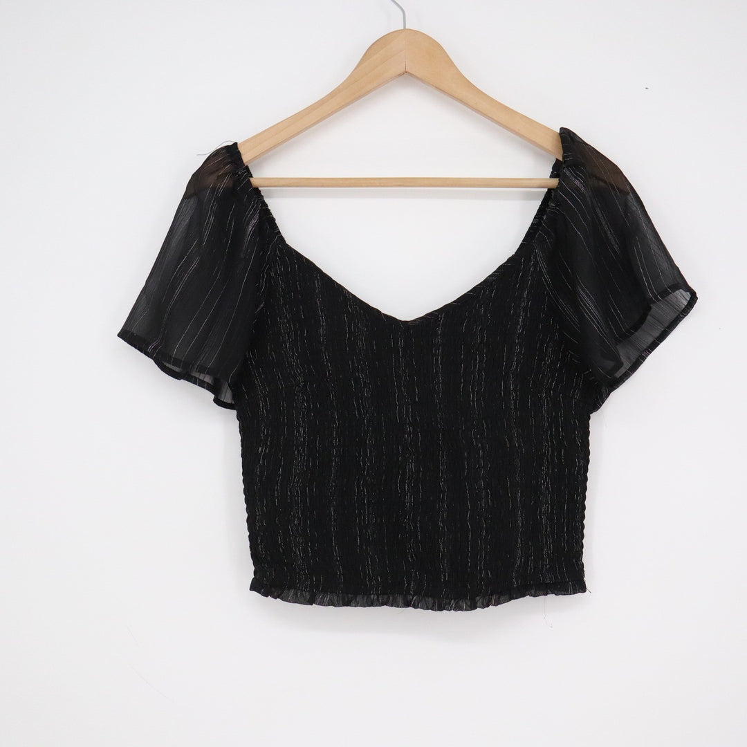 Japna Black Silver Metallic Smocked Crop Top Flutter Sleeve Sweetheart Medium
