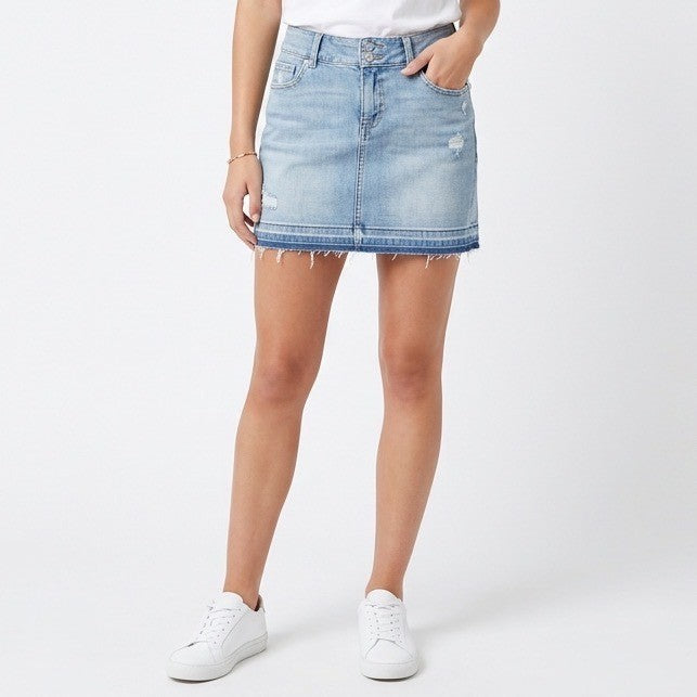 Old Navy Mini Skirt Womens 10 Blue Denim Distressed Cotton 5-Pockets Frayed Hem