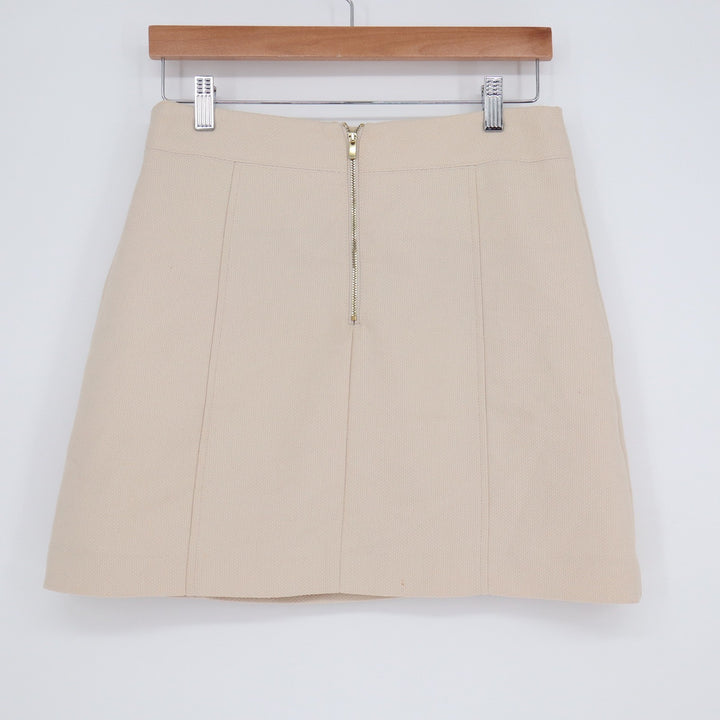 H&M Beige Textured Mini Skirt Size 10 Front Flap Pockets A-Line Gold Zip