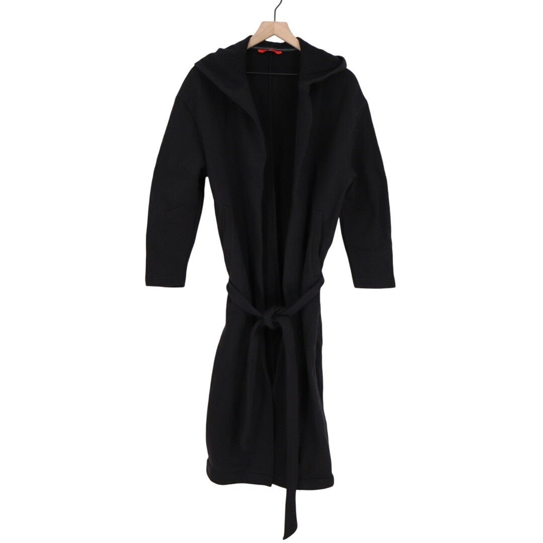 American Giant Long Coat Women XS/S Black Cotton Fleece Pocket Hooded Waist Belt