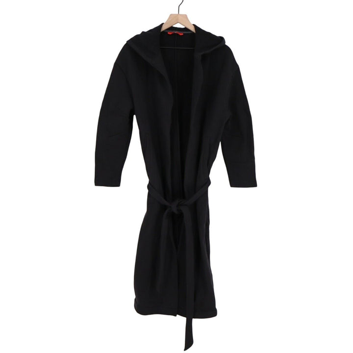 American Giant Long Coat Women XS/S Black Cotton Fleece Pocket Hooded Waist Belt
