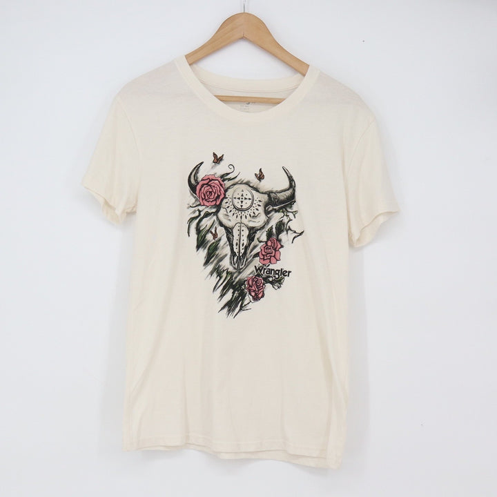 Wrangler Graphic Tee Womens S Short Sleeve Cream Bull Skull Rose Excellent
