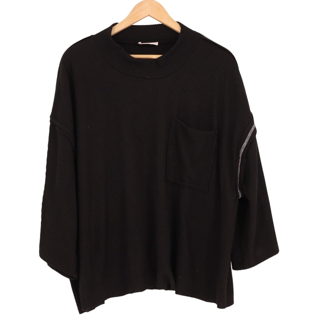 Nellie Mae Blouse Top Womens Small Black Ribbed Knit Drop Shoulder Oversized