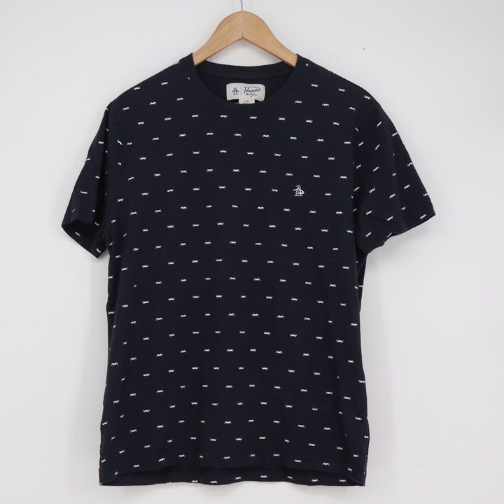 Original Penguin Mens Navy Blue Mustache Print Cotton T-Shirt Size L