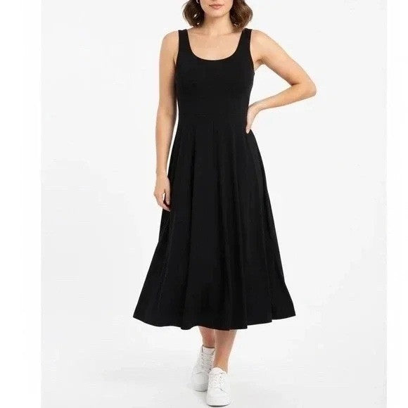 American Giant Black Sleeveless Fit Flare Midi Dress Size L Made in USA Pockets