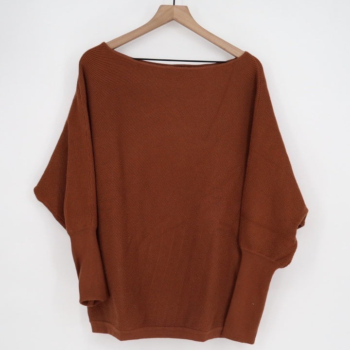 Fashion Sweater Womens Large Brown Knit Boat Neck Ribbed Dolman Sleeve Pullover