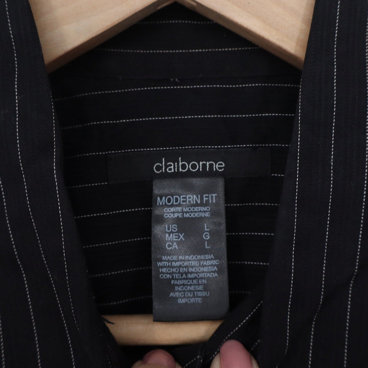 Claiborne Mens Modern Fit Pinstripe Button Up Shirt Black Large 100% Cotton