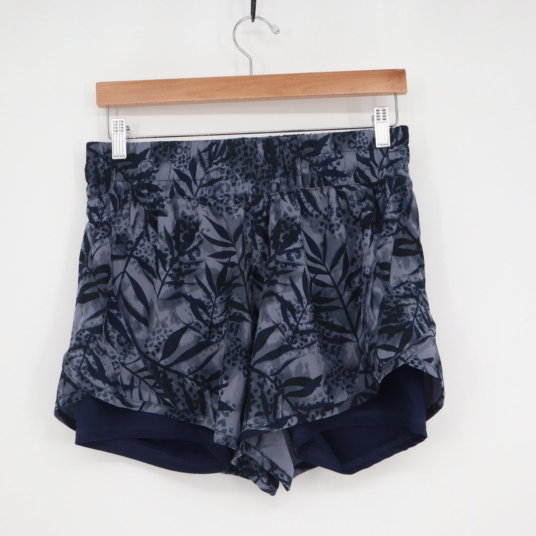 Avia Womens 2-in-1 Running Shorts Navy Grey Botanical Print Size M 8-10 Zip