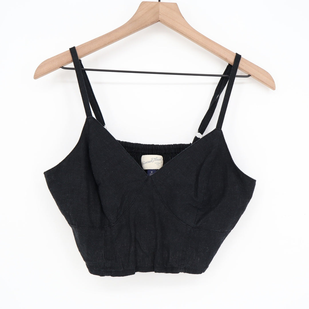 Universal Thread Black Linen Blend Cropped Camisole V-Neck Smocked Back Top M