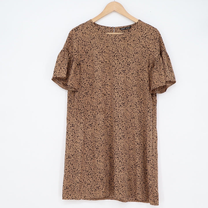 SHEIN Brown Black Speckled Animal Print Ruffle Sleeve Mini Shift Dress Size 4 S