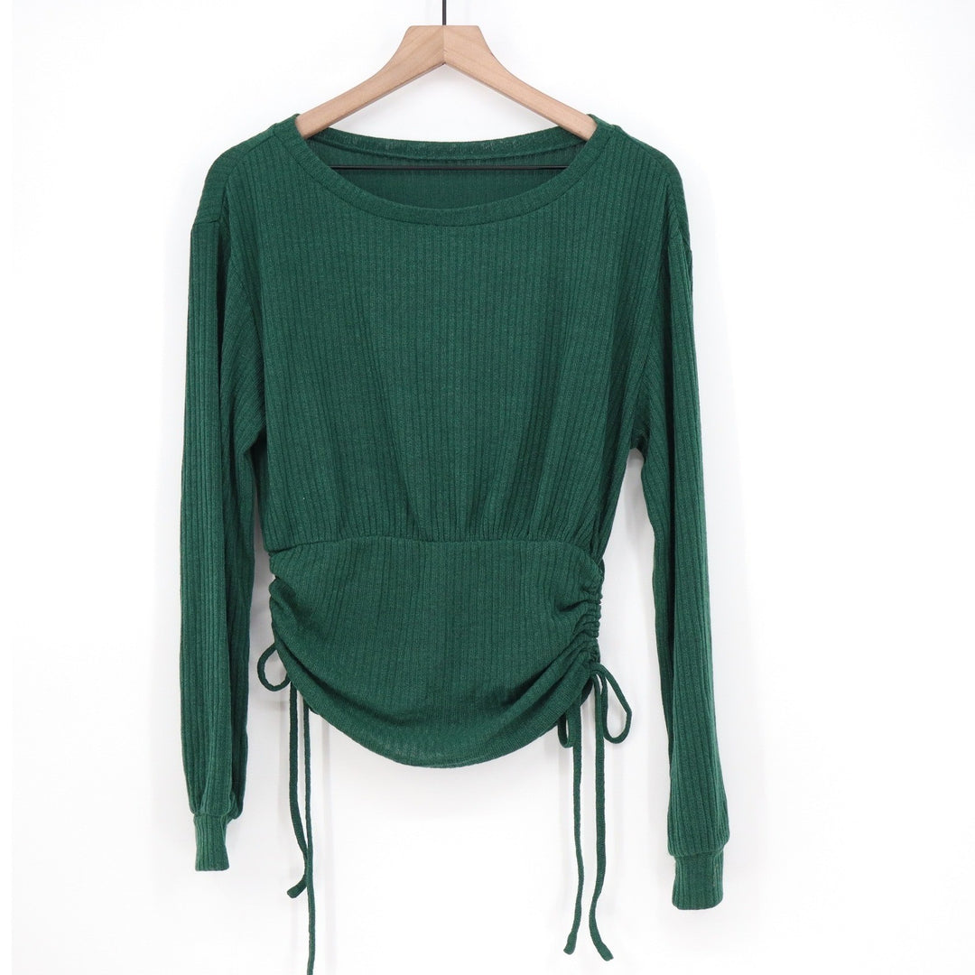SHEIN Womens Dark Green Ribbed Long Sleeve Cinched Side Drawstring Top Size L