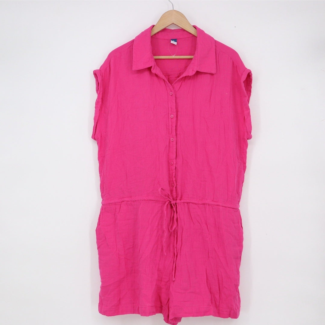 Old Navy Womens XL Pink Cotton Gauze Button Front Drawstring Romper