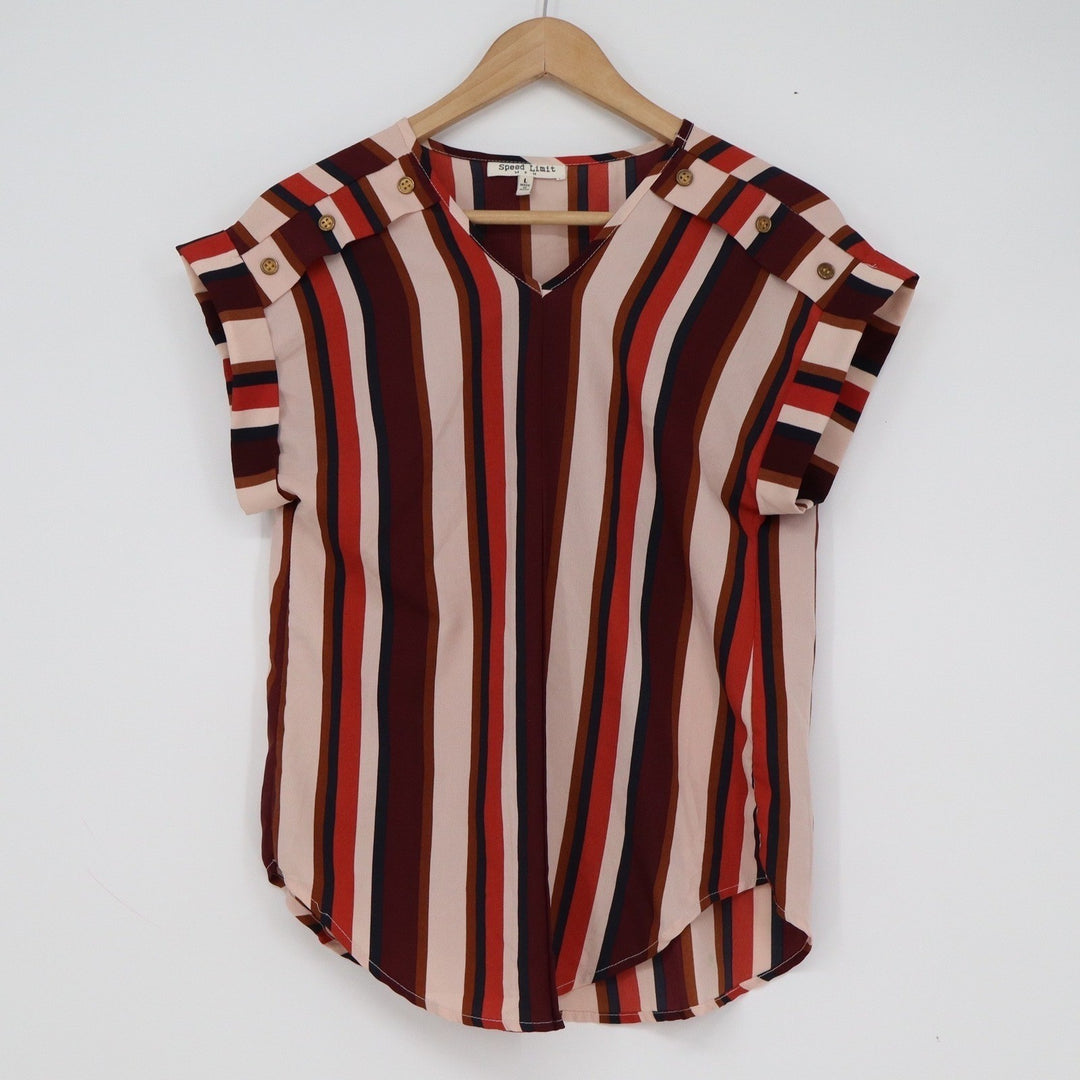 Speed Limit MPH Womens V-Neck Striped Blouse Rust Burgundy Button Shoulder L