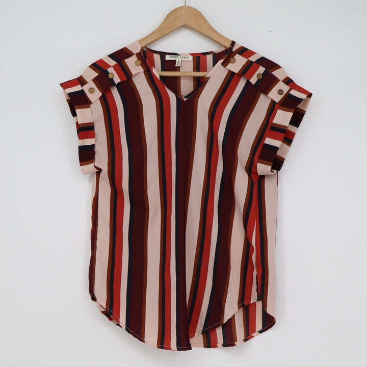 Speed Limit MPH Womens V-Neck Striped Blouse Rust Burgundy Button Shoulder L