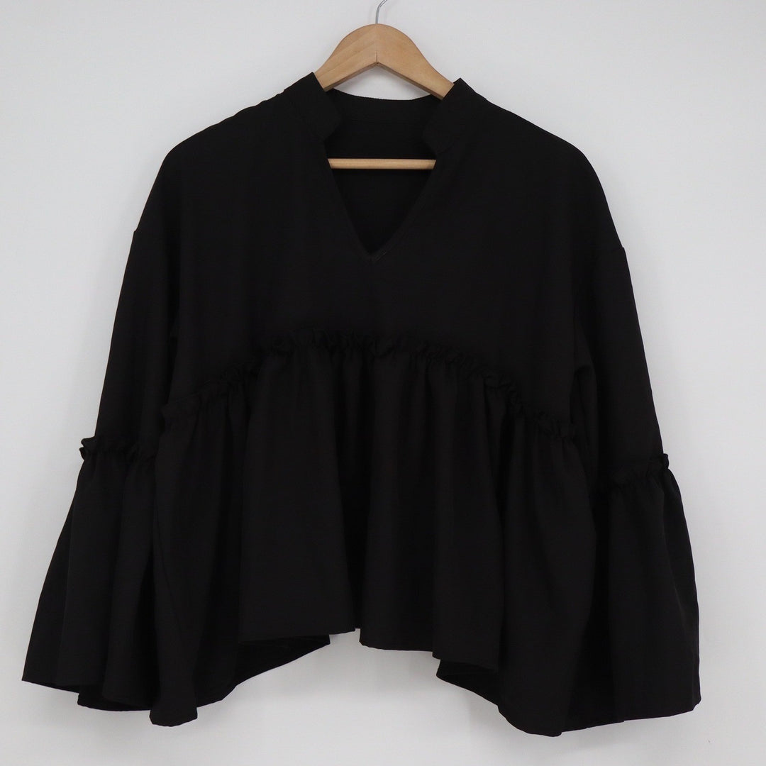 Shein Black Peplum Blouse Notched V-Neck Tiered Bell Sleeve Ruffle Top Large