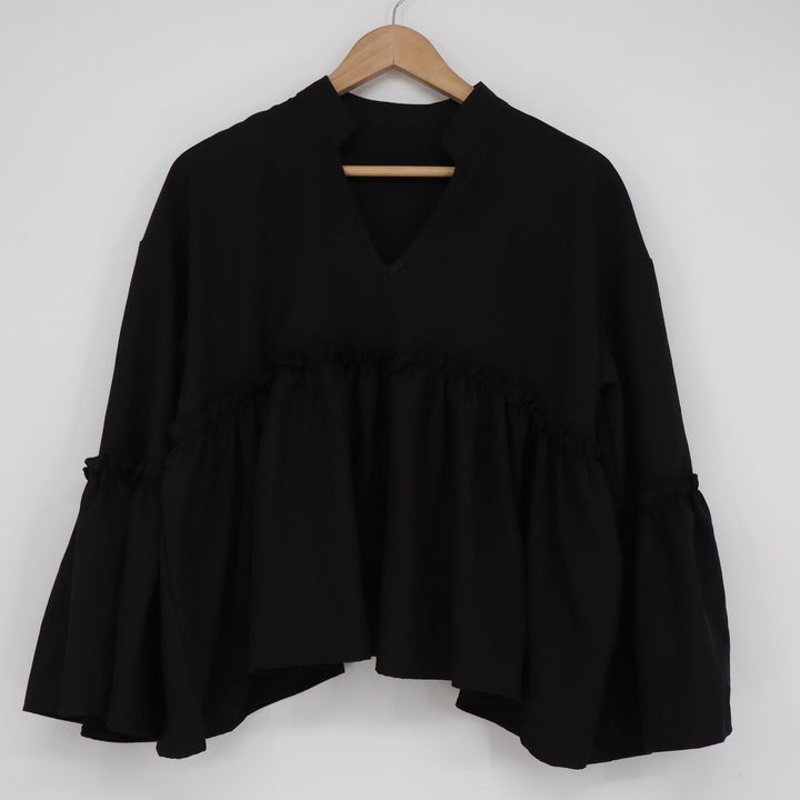 Shein Black Peplum Blouse Notched V-Neck Tiered Bell Sleeve Ruffle Top Large