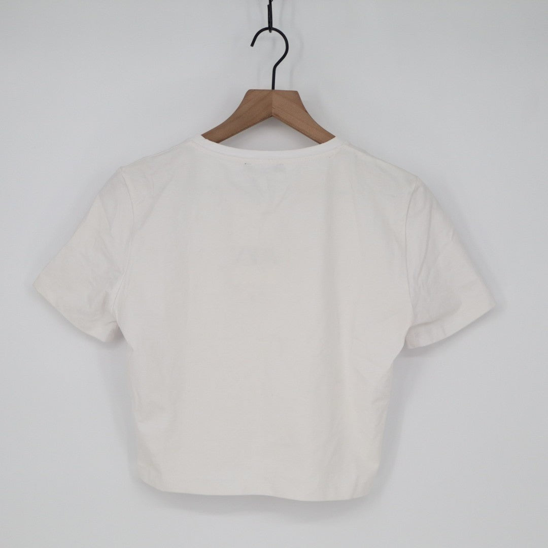 Zara Cropped T-Shirt Womens Large White Cotton Stretch Crew Neck Short Sleeve