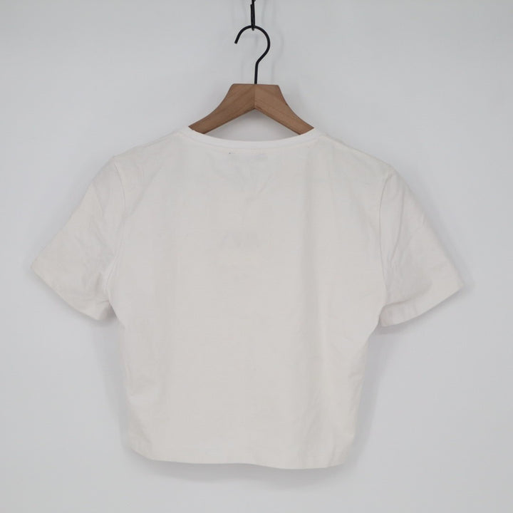 Zara Cropped T-Shirt Womens Large White Cotton Stretch Crew Neck Short Sleeve