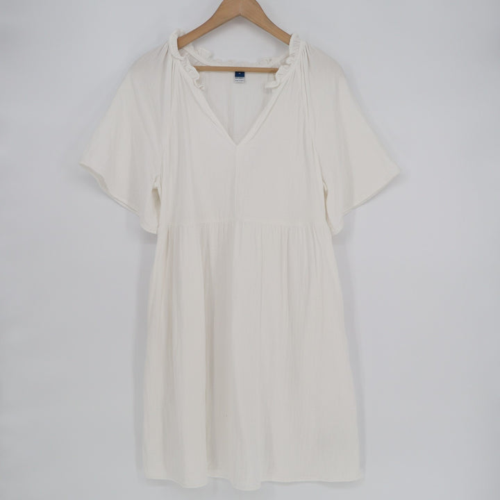 Old Navy Babydoll Dress Women Medium White Cotton Pleated Split Neck Side Pocket