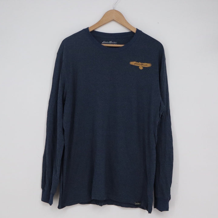 Eddie Bauer Mens XL Navy Blue Long Sleeve Graphic Tee Find Yourself Outside