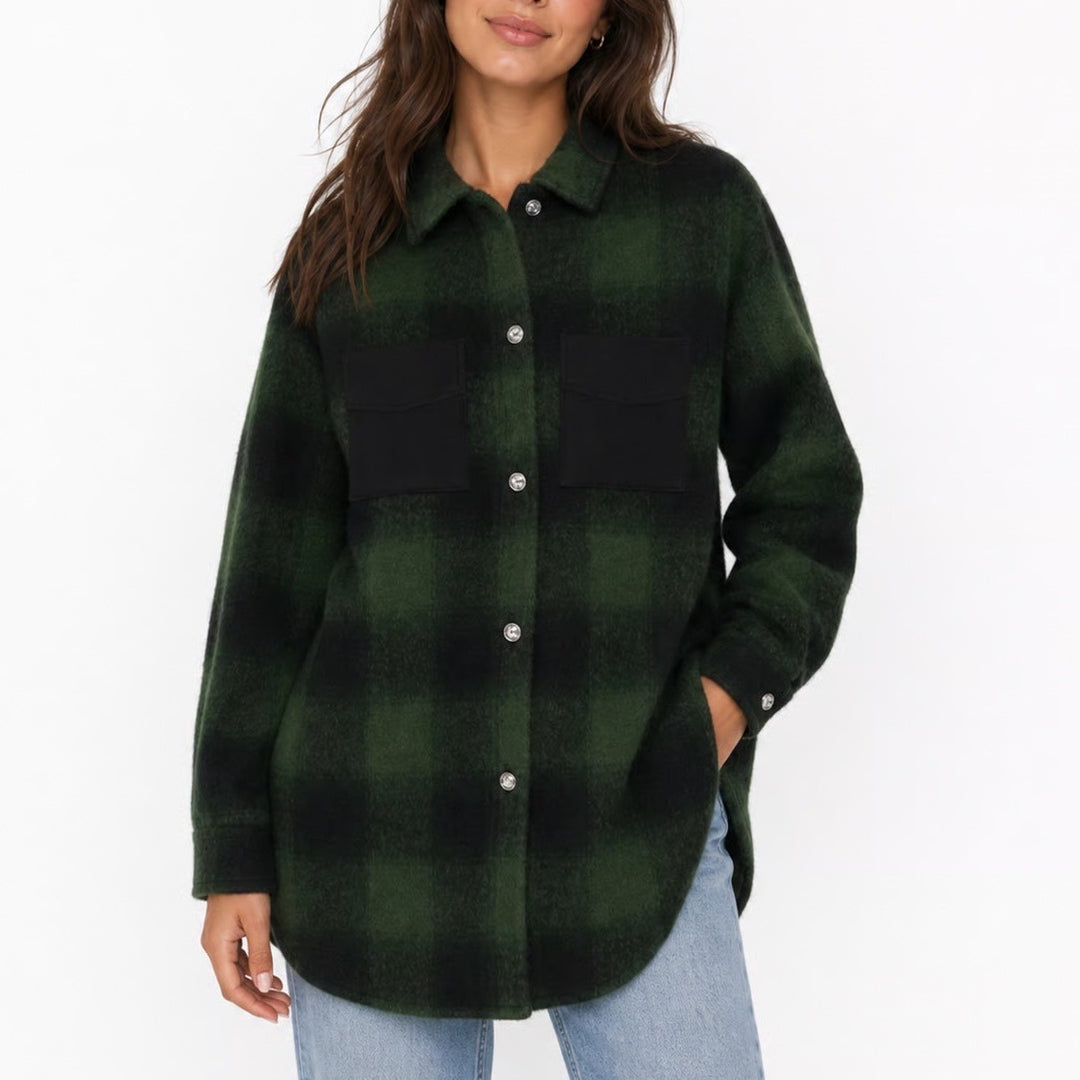 Casa Cabana Brenda Plaid Shacket Black Army Green Buffalo Check Button Down S