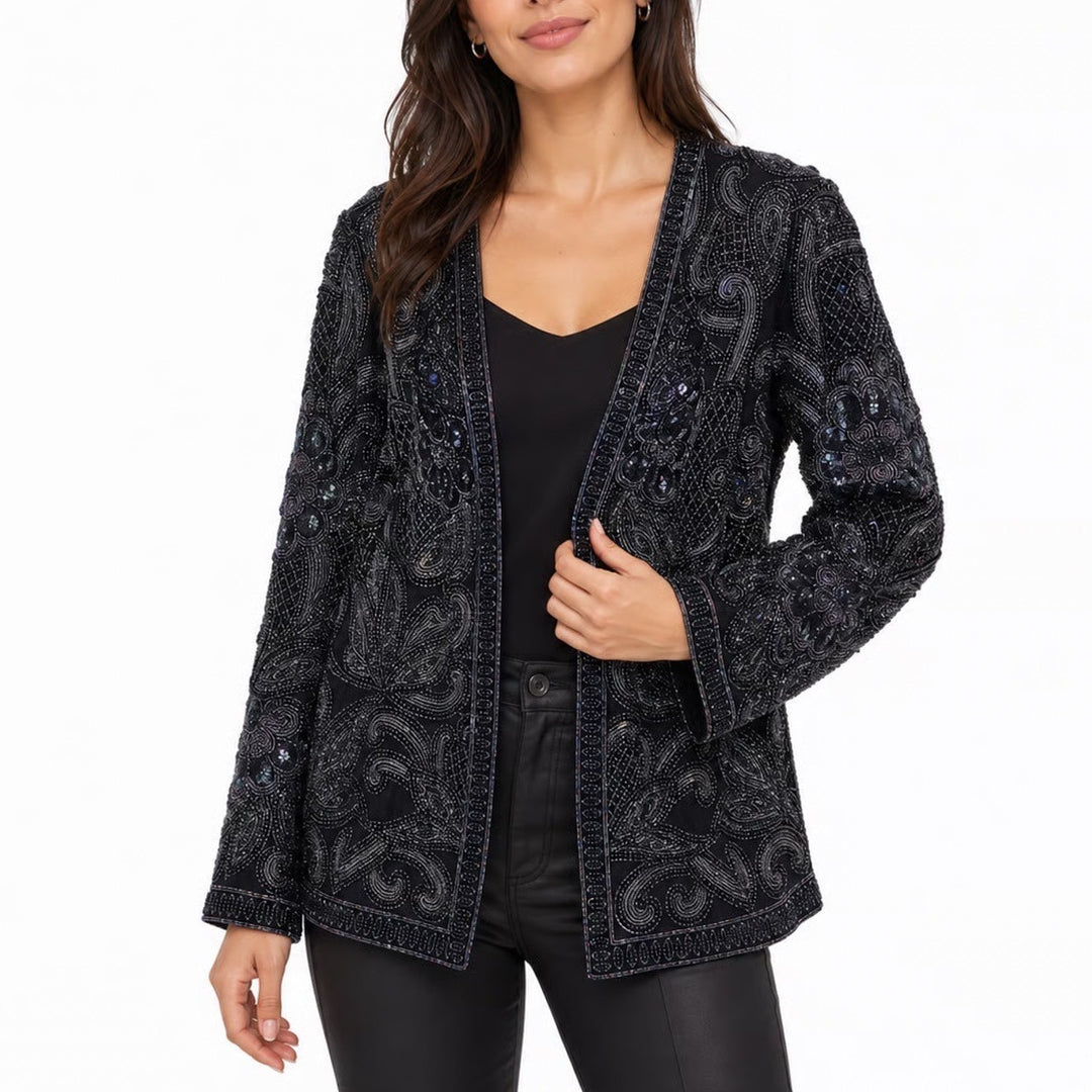 Nipon Night Silk Beaded Jacket XL Black Iridescent Sequin Paisley Open Front