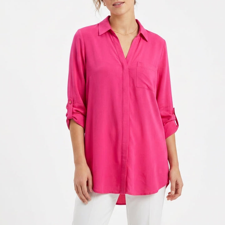 Pleione Hot Pink Roll Tab Sleeve Button Down Tunic Shirt Womens Large