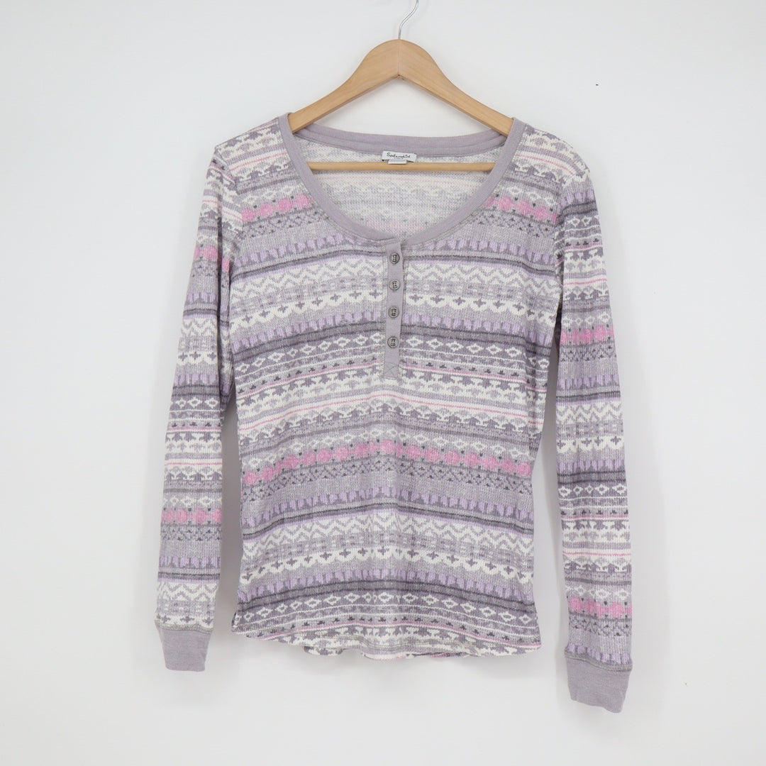 Splendid Womens Purple Fair Isle Waffle Knit Thermal Pajama Set Henley S