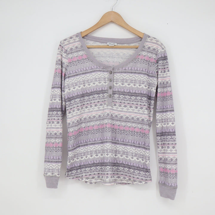 Splendid Womens Purple Fair Isle Waffle Knit Thermal Pajama Set Henley S