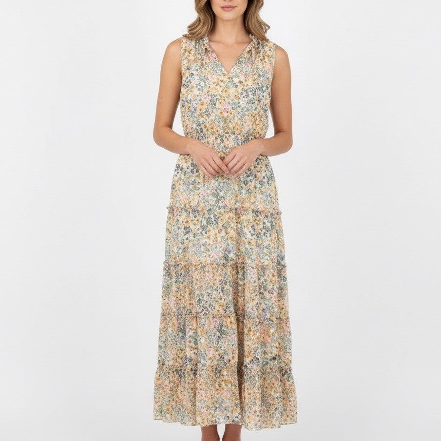MSK Womens Floral Tiered Maxi Dress Size L Sleeveless V Neck