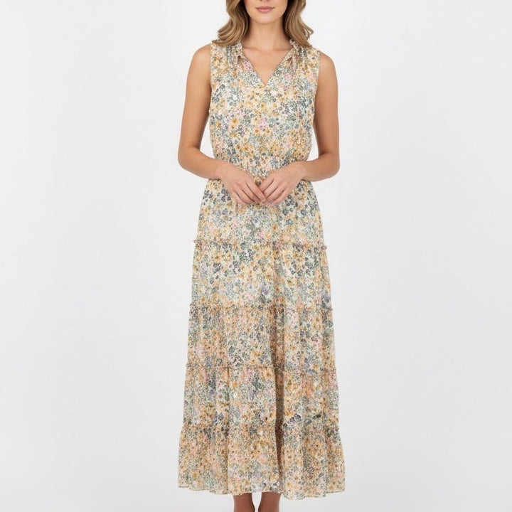 MSK Womens Floral Tiered Maxi Dress Size L Sleeveless V Neck