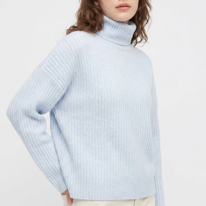 HM Light Blue Ribbed Turtleneck Sweater Oversized Knit Pullover Medium