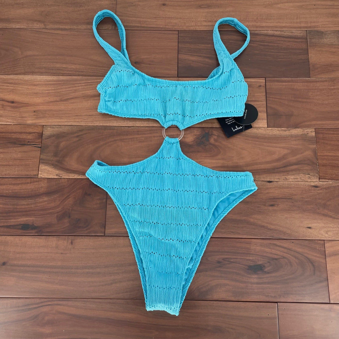 Lulus Airlie Bright Blue Eyelet O-Ring One-Piece Swimsuit Size M