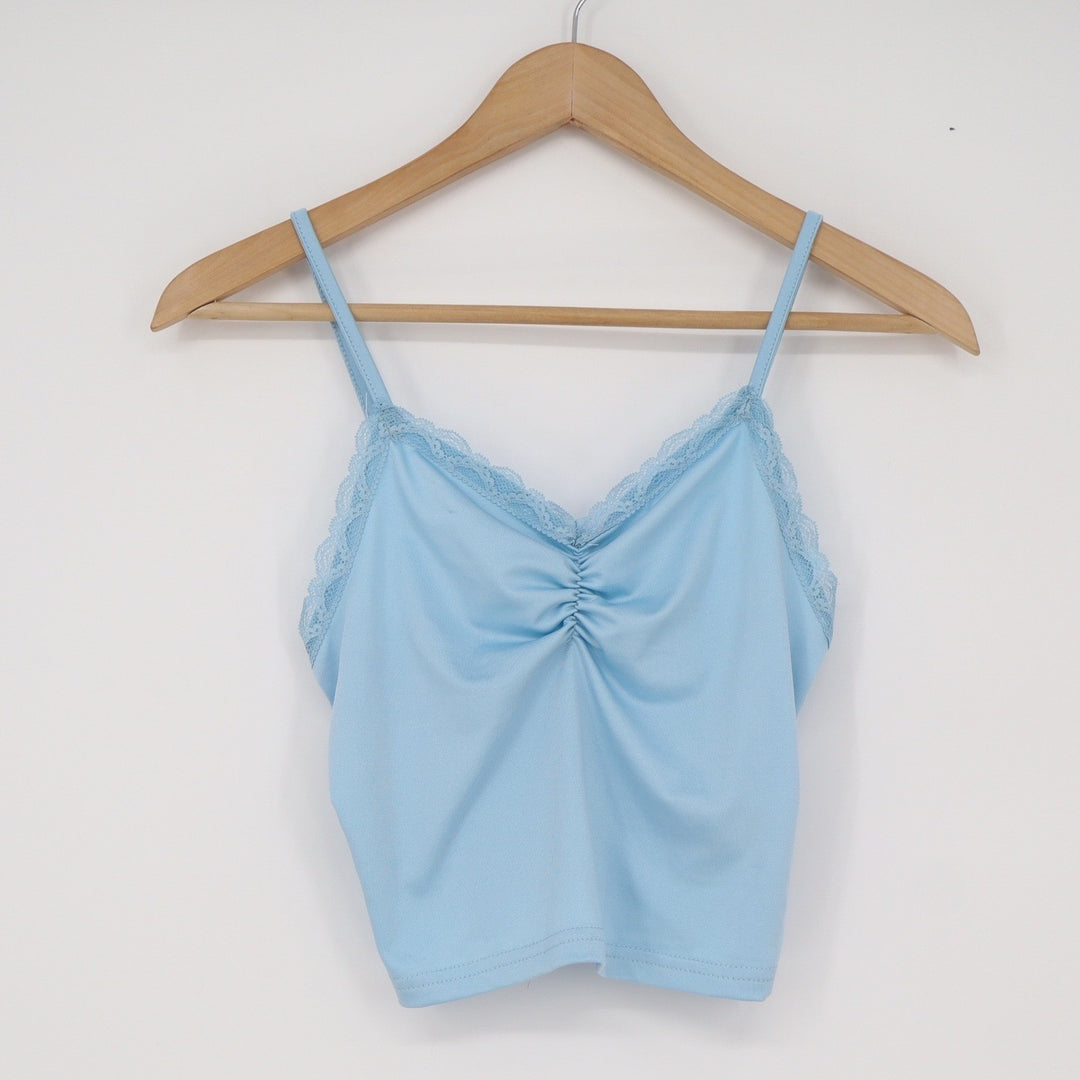 SHEIN Camisole Womens S Light Blue Lace Trim Ruched Crop Top Excellent