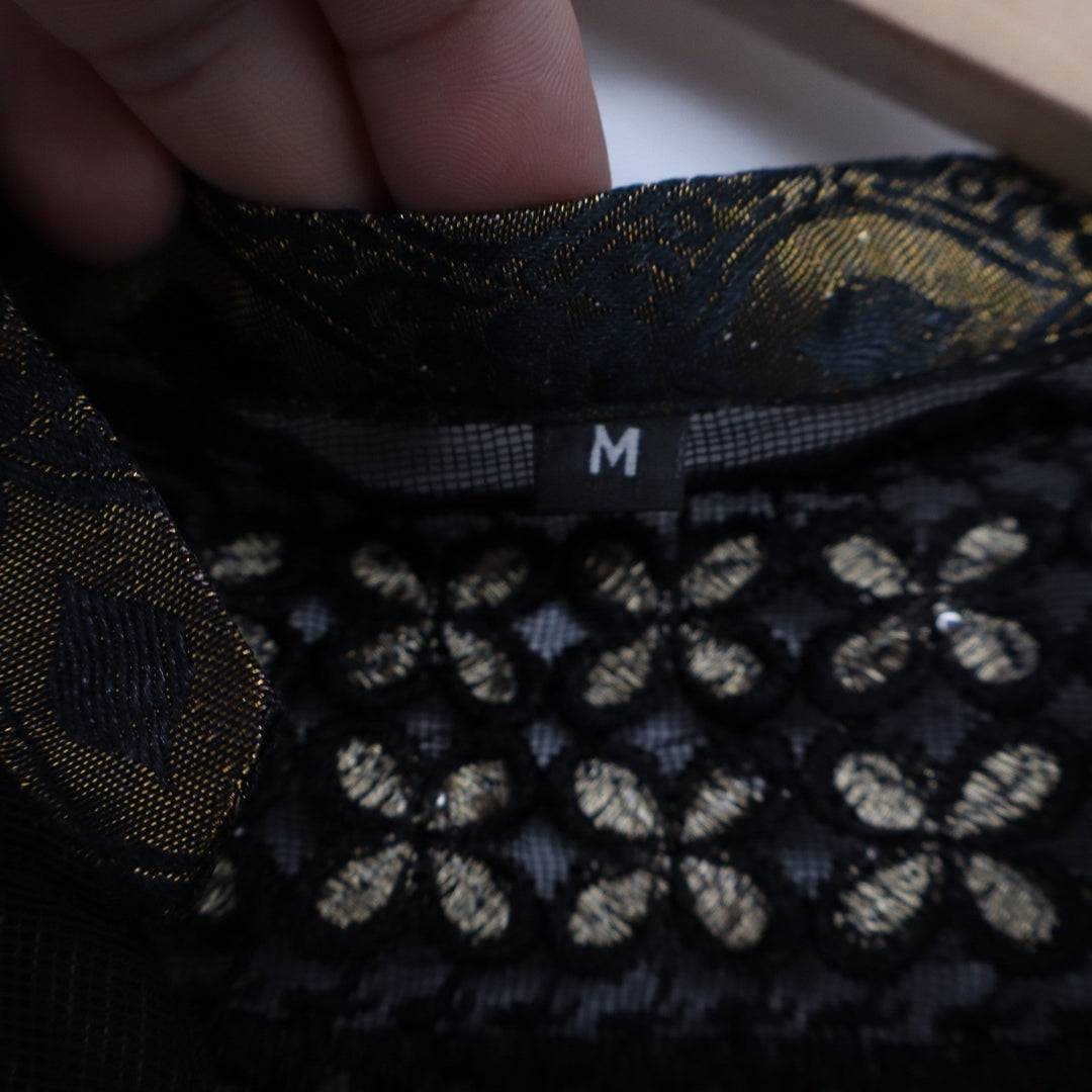 Black Gold Embroidered Mesh High Low Tunic Kurti Mandarin Collar Womens Medium