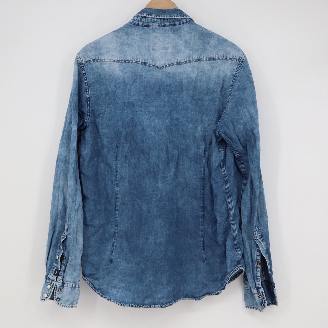 Indian Terrain Mens Slim Fit Western Denim Shirt Blue Acid Wash Cotton Size M