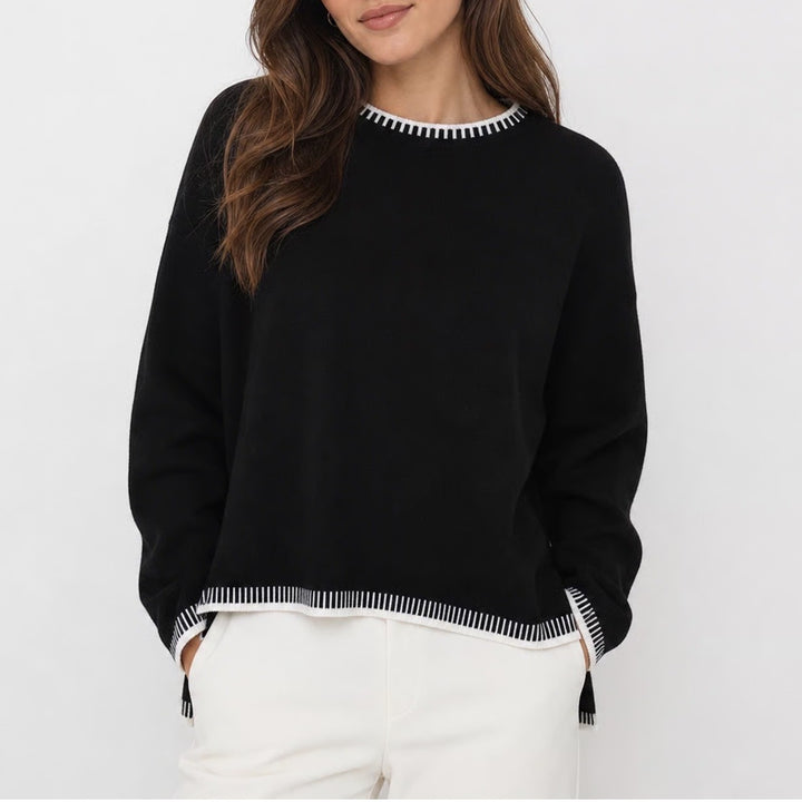 Fashion Black Crewneck Sweater White Contrast Trim High-Low Hem Medium