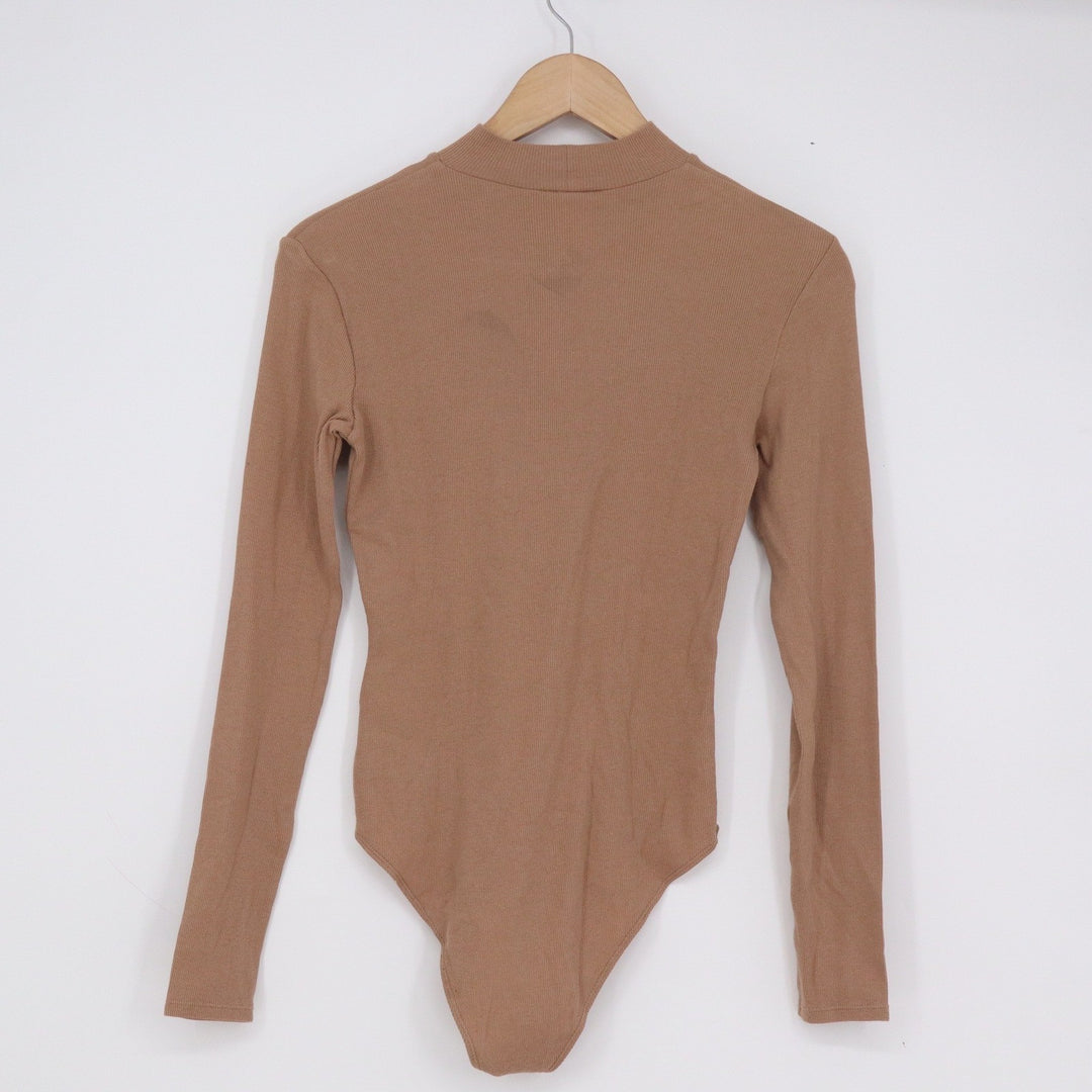 HM Womens Mock Neck Ribbed Long Sleeve Bodysuit Tan Camel Brown Small