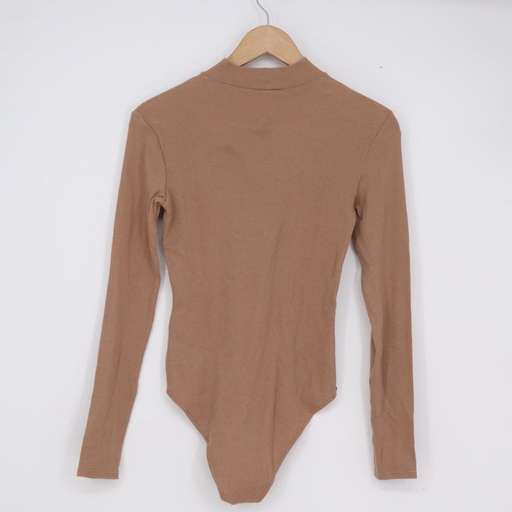 HM Womens Mock Neck Ribbed Long Sleeve Bodysuit Tan Camel Brown Small