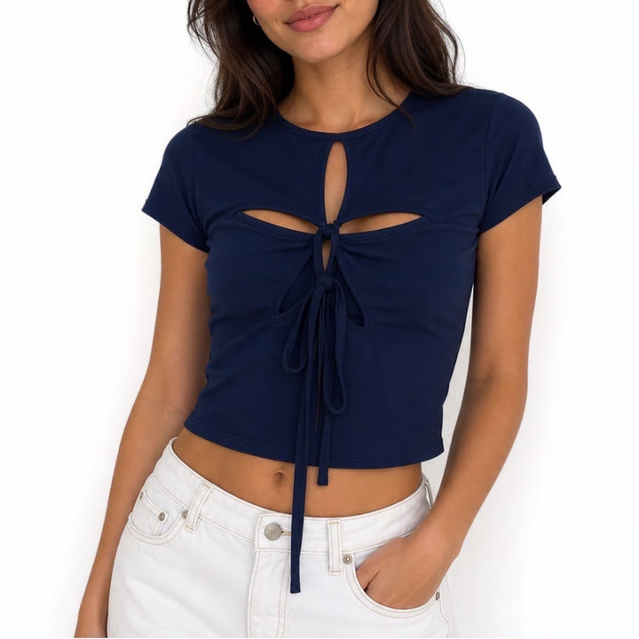 Navy Blue Cutout Front Tie Short Sleeve Top Slim Fit Jersey Shirt Medium