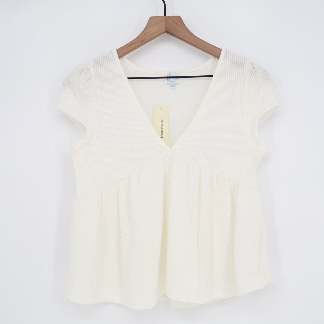 Blue Rain Francesca's Cream Ribbed V-Neck Babydoll Peplum Top Large