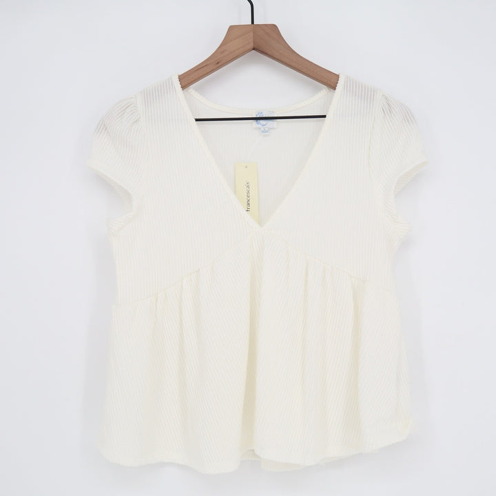 Blue Rain Francesca's Cream Ribbed V-Neck Babydoll Peplum Top Large