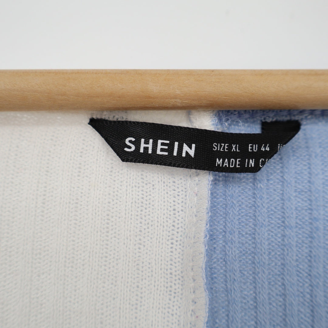 Shein Sweater Womens Large White Blue Knit Stretch Long Sleeve V-Neck Pullover